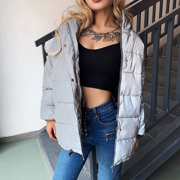 Winter Fashion Reflective Short Warm Women Coat Jackets