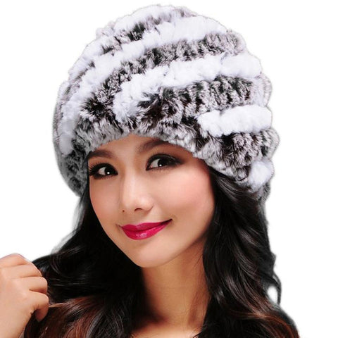 Winter Russian Women Rabbit Fur Hats Handmade Knitted