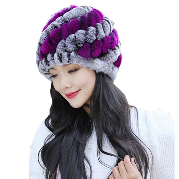 Winter Russian Women Rabbit Fur Hats Handmade Knitted