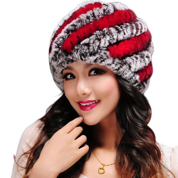 Winter Russian Women Rabbit Fur Hats Handmade Knitted