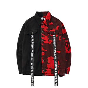 Men's Loose Black Red Camouflage Jean Jacket